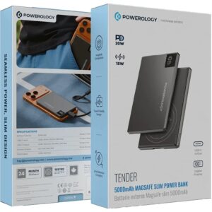پاوربانک مگ‌سیف فوق باریک 5000 میلی‌آمپر مدل Tender پاورولوژی | Powerology Tender 5000mAh MagSafe Slim Power Bank